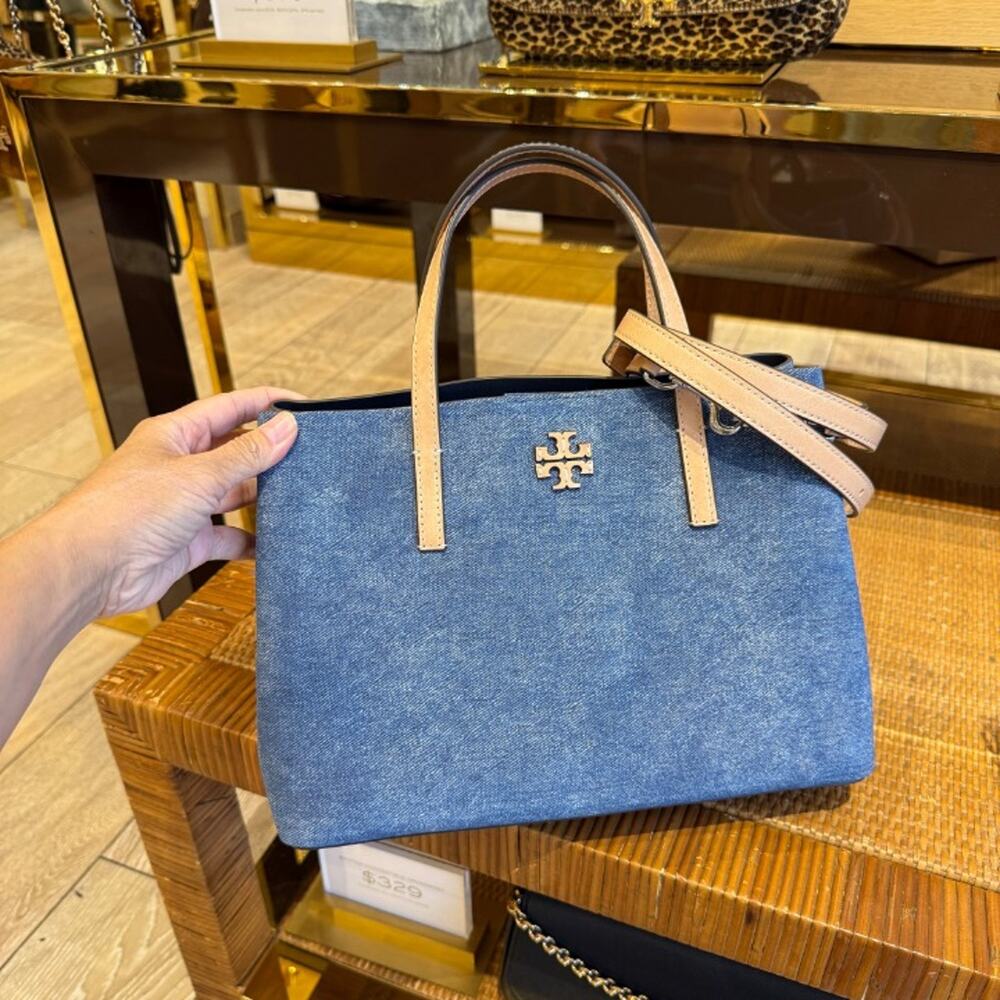 New‼️Tory Burch Blake Denim Suede Small Tote 190101 Denim Dusk $400